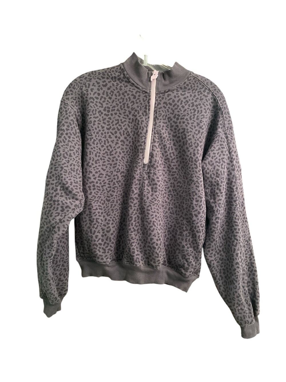 FABLETICS Forever Fleece Sweatshirt Women Black Gray Quarter Zip Leopard Small